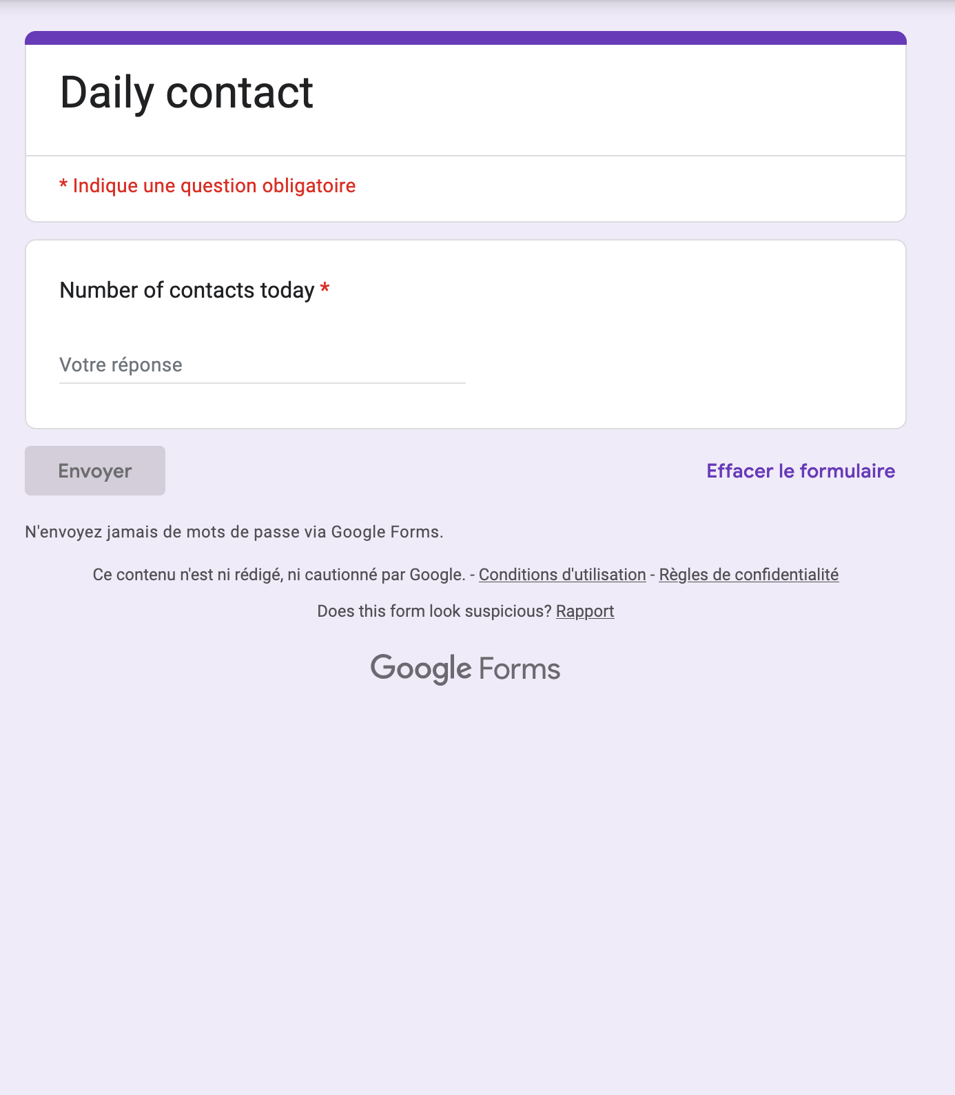 A Google Form with one input to send data to the PBC.